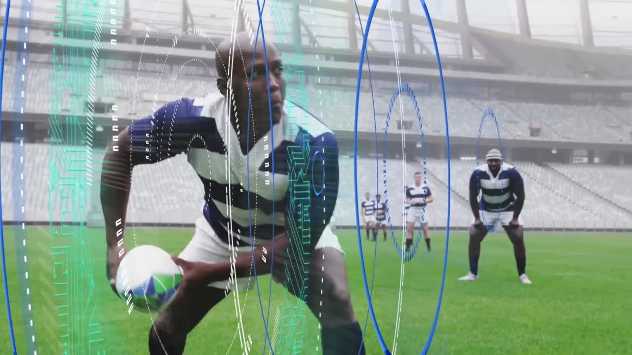 Animation of scope scanning over male rugby players at stadium