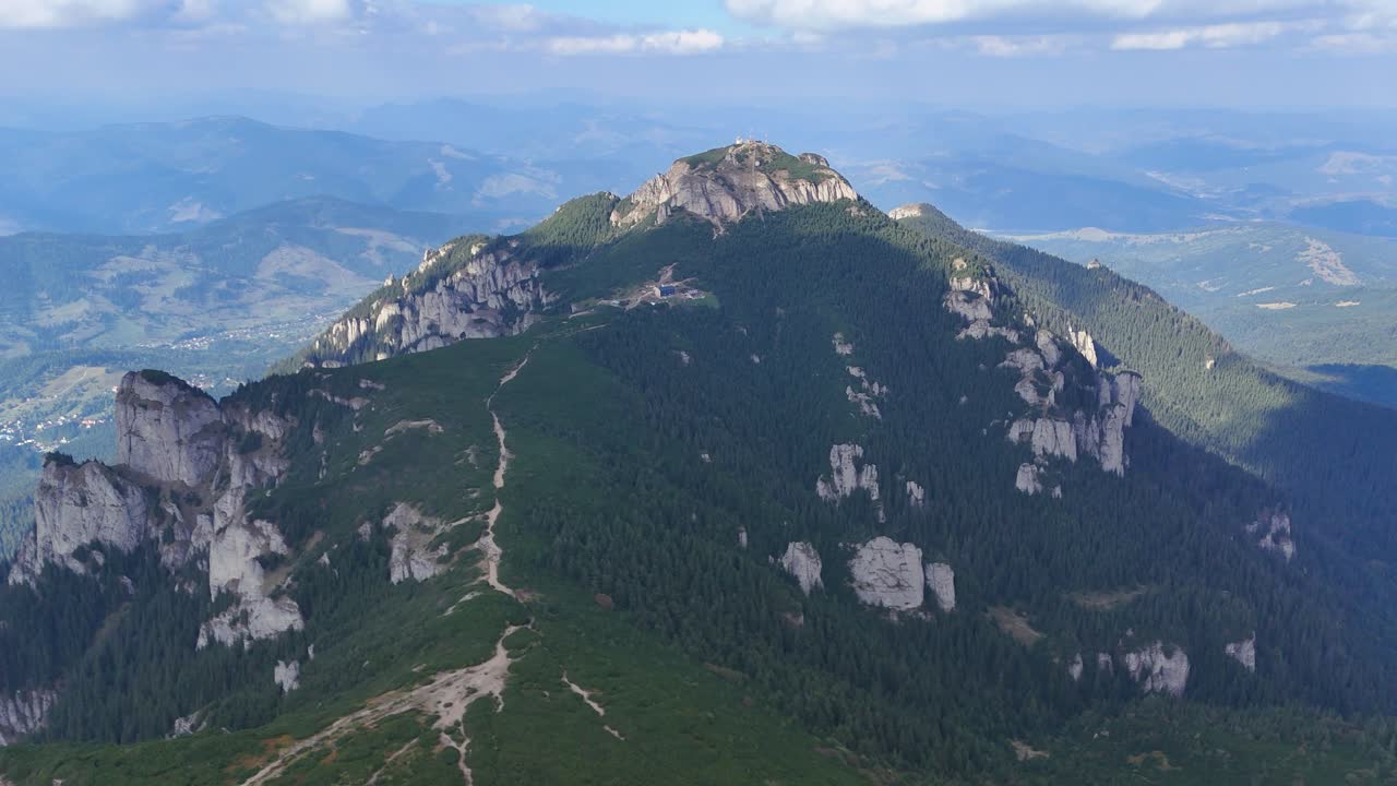 Aerial drone footage of Ceahlău Mountain and Toaca Peak, Romania