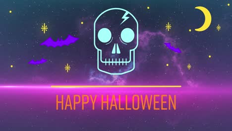 animación de texto de neón feliz de halloween con cráneo