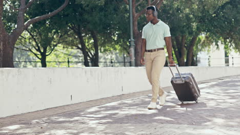 music, travel and black man headphones in park