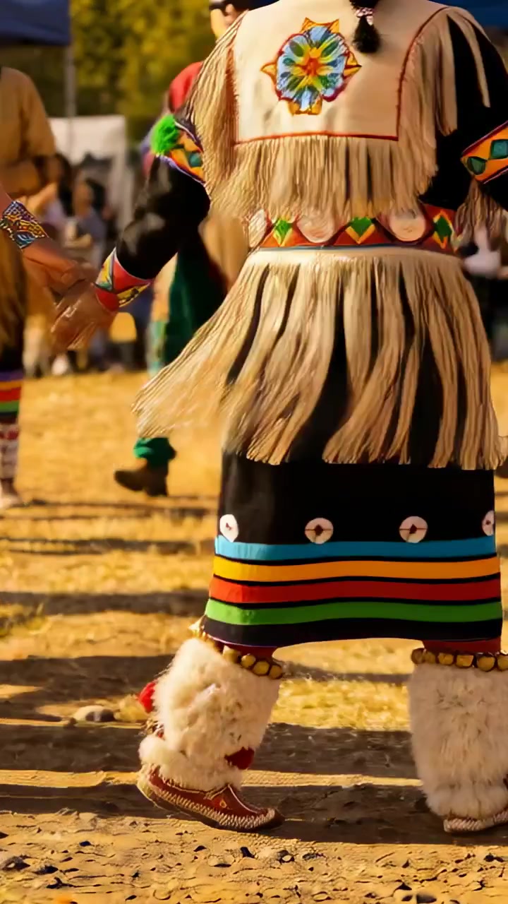 Vídeo vertical: Ao som de um tambor, dois dançarinos de mãos dadas pisando na grama seca, com sinos de franja para a dança.