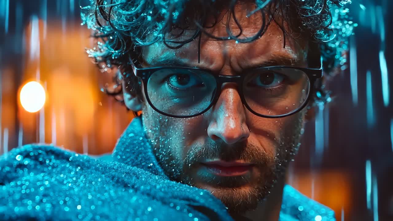 un hombre con cabello rizado y gafas en la lluvia