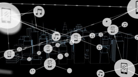 animación de la red de conexiones con iconos sobre el dibujo de la ciudad en 3d sobre fondo negro