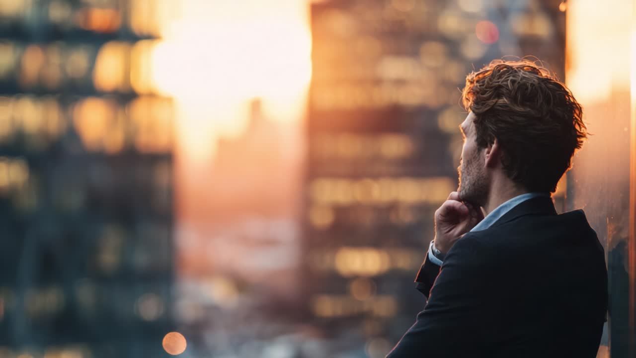 Homem contemplativo admirando a paisagem urbana ao entardecer: uma reflexão de pensamentos em meio à beleza urbana e ao brilho quente do pôr do sol