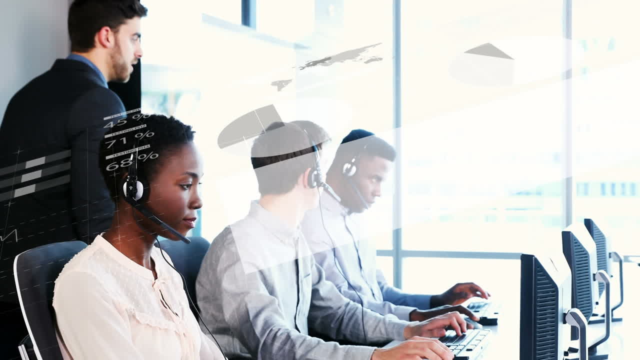 헤드 ⁇ 을 착용하는 사무실 직원들에 대한 데이터 처리 및 통계의 애니메이션