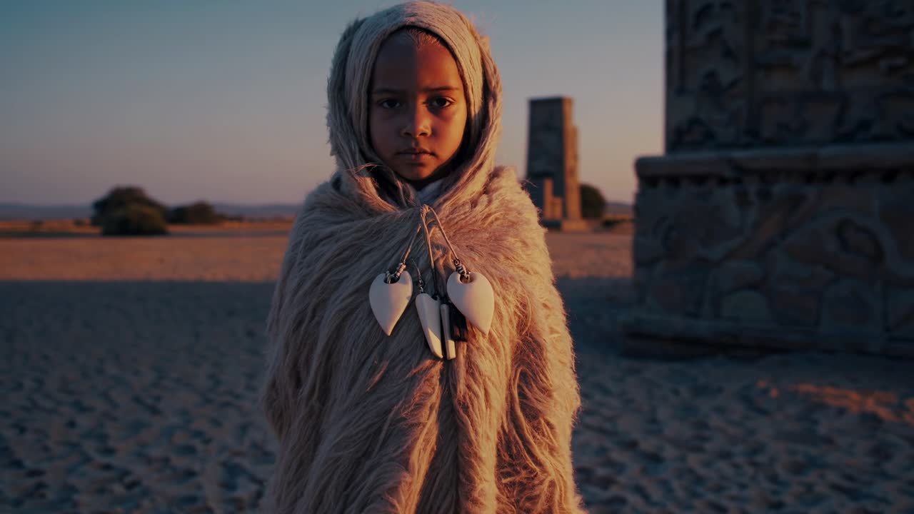 Young girl in a textured fur cloak stands thoughtfully in a serene desert landscape, showcasing a moment of reflection and connection with nature