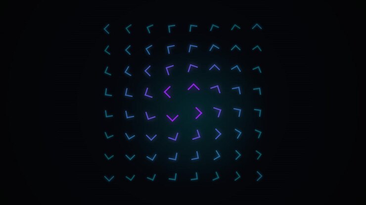 Abstract Grid of Rotating Neon Arrows on Dark Background