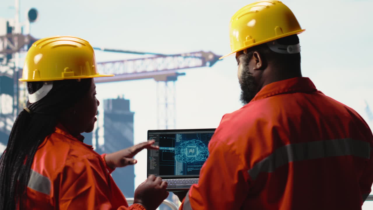 Vertical video Offshore platform crew using artificial intelligence program on laptop