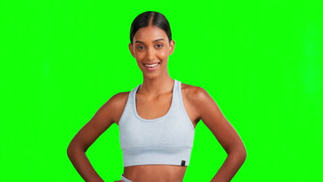 Face,-happy-and-woman-on-fitness-green-screen