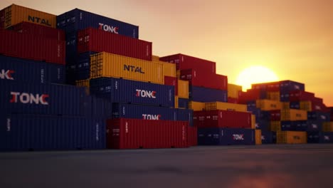 a vibrant sunset over a stacked collection of shipping containers in an industrial yard, showcasing the busy logistics and trade operations of modern ports.