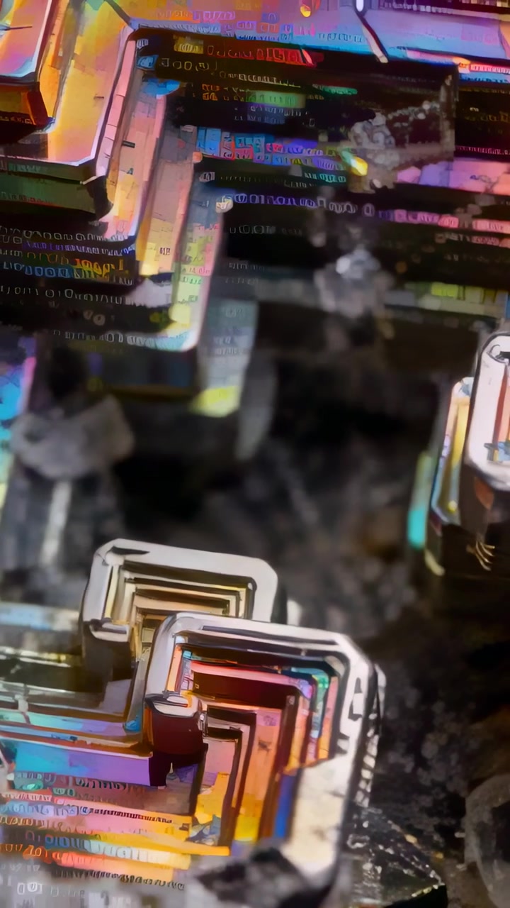 Vertical video: Camera panning showing metal crystal flashing rainbow steps on bench, clear cubes