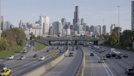 traffic of chicago, beautiful establisher with city skyline, american highway