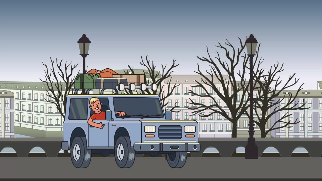 coche animado con equipaje en el techo y el tipo sonriente detrás del volante montando a través de la ciudad de otoño. vehículo en movimiento en el fondo del parque de la ciudad. animación plana.