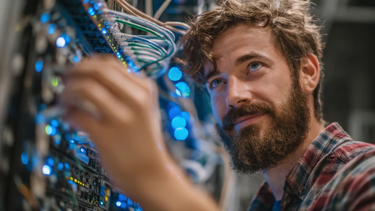 A dedicated technician focuses on intricate server connections, ensuring optimal functionality and performance with a keen eye for detail in a modern data center environment