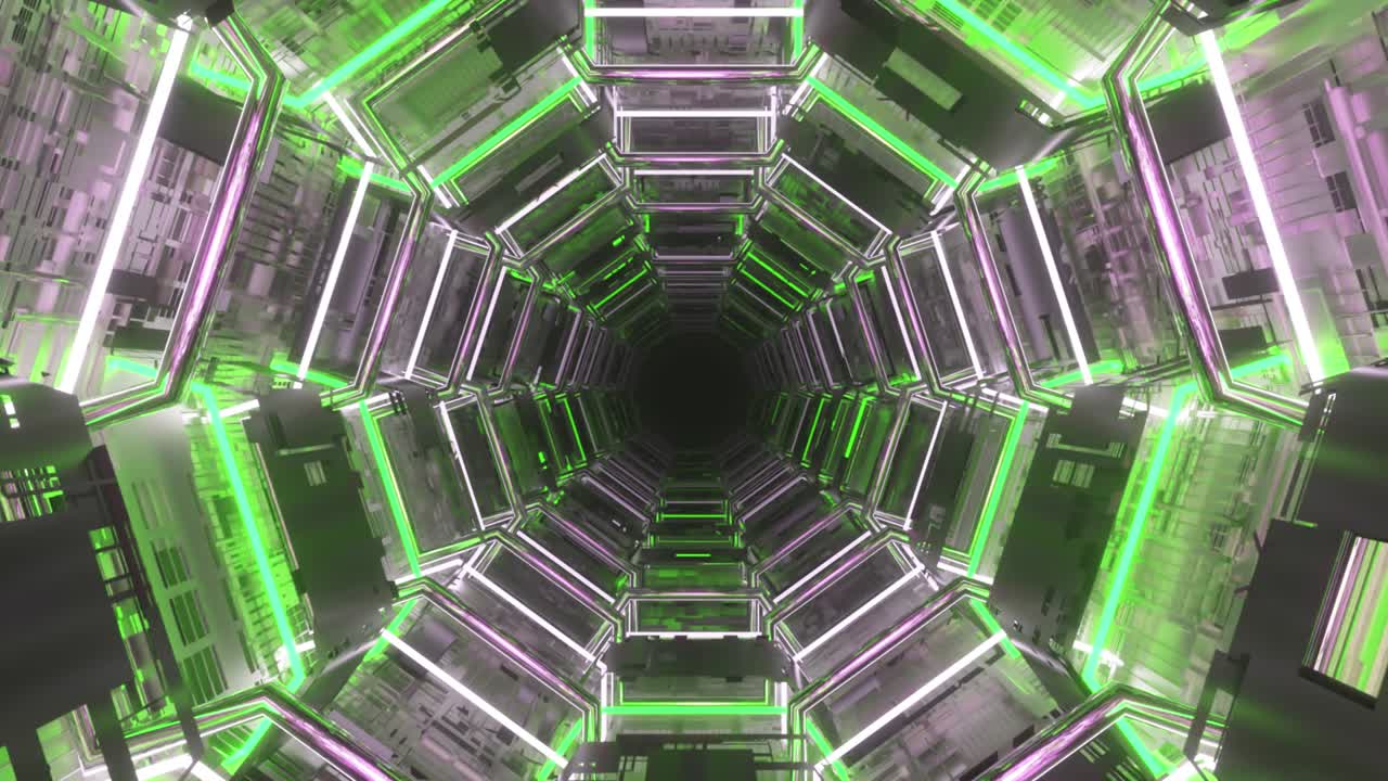 el corredor sin fin del futuro. nave espacial. iluminación de neón. volar en el túnel. bucle sin costuras 3d render