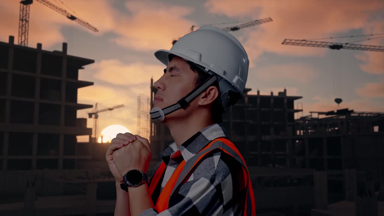 Close Up Side View Of Asian Male Engineer With Safety Helmet Pray For Something While Standing At Building & Construction Site in Progress to New House