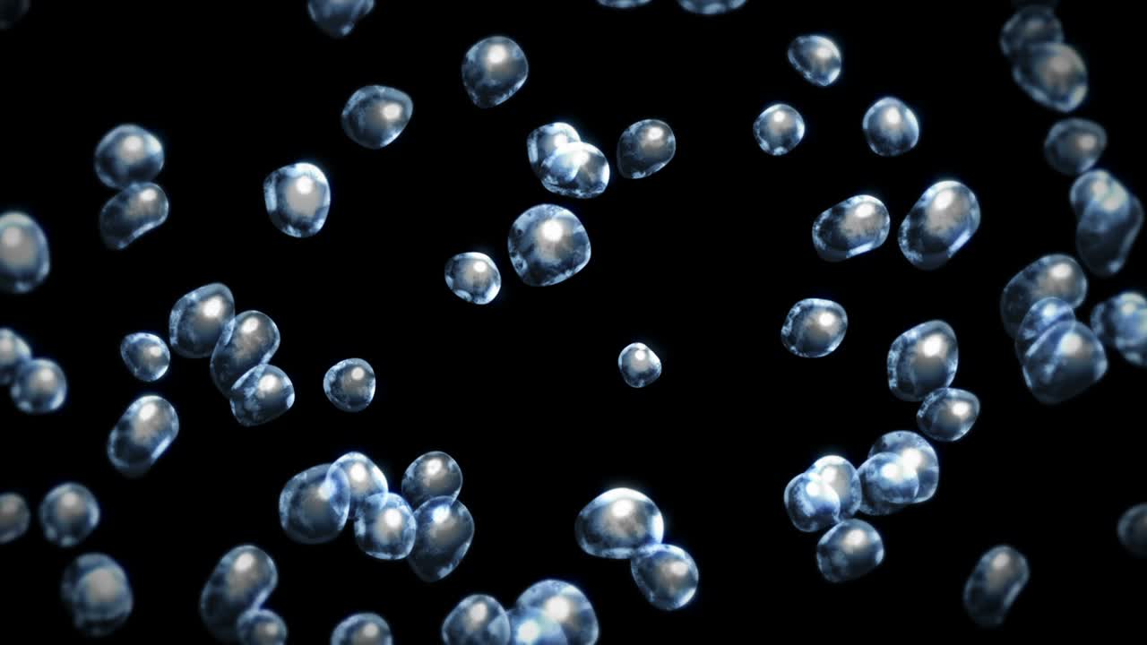 검은 바탕에 많은 물방울이 날아가고, 순수한 물방울, 투명한 표면, 공기 거품이 회전하는 3d 애니메이션, 루프 애니메이션.