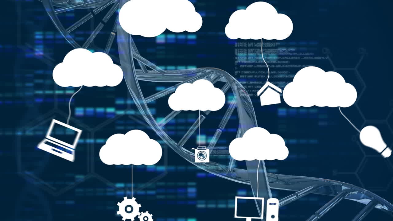 Animation of cloud icons and medical data processing over dark background