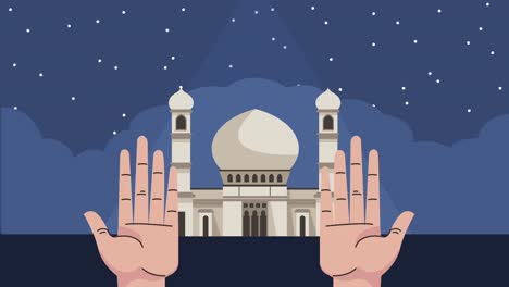 hajj mabrour celebrando con las manos y la mezquita