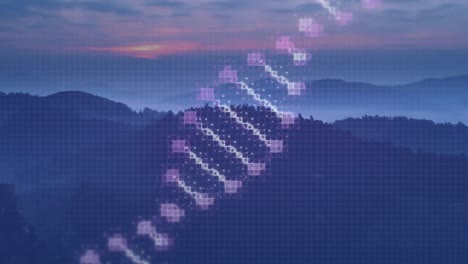 Animation-Des-DNA-Strangs-Und-Der-Datenverarbeitung-über-Der-Landschaft