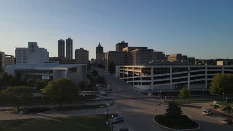 Ariel-drone-view-of-Downtown-Peoria,-Illinois