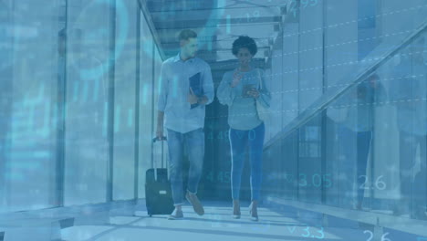 Animation-of-financial-data-processing-over-diverse-business-people-in-airport