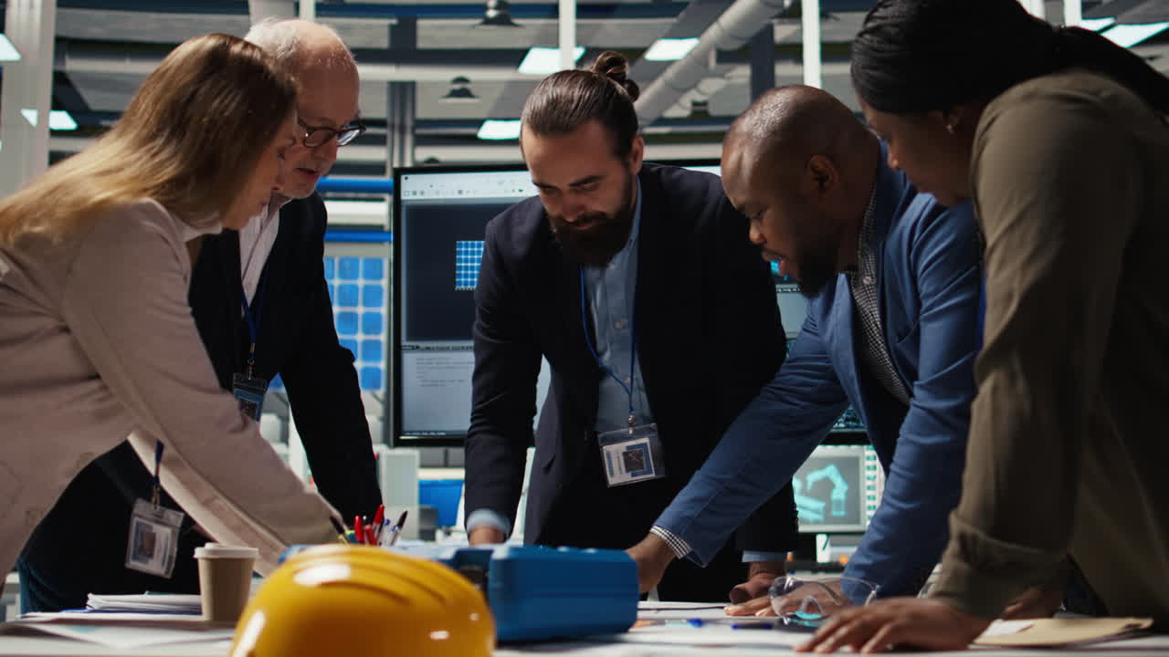 Photovoltaics Factory Industrial Production Managers Looking Over Schematics