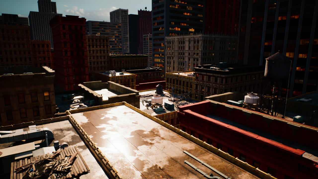 해가 지는 동안 도시 지붕의 공중 풍경