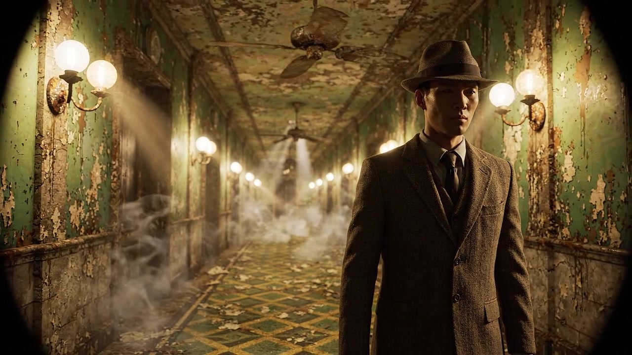 Una figura misteriosa si erge in un corridoio nebbioso e abbandonato con pareti sbiadite e luci fioche, evocando un senso di intrigo e suspense in un'ambientazione vintage.