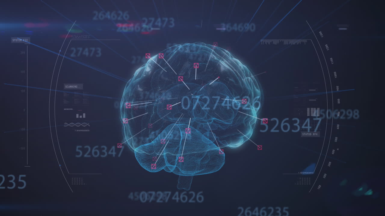 파란색 배경에 대한 인간의 뇌를 회전시키는 여러 숫자를 증가시 ⁇ 니다.