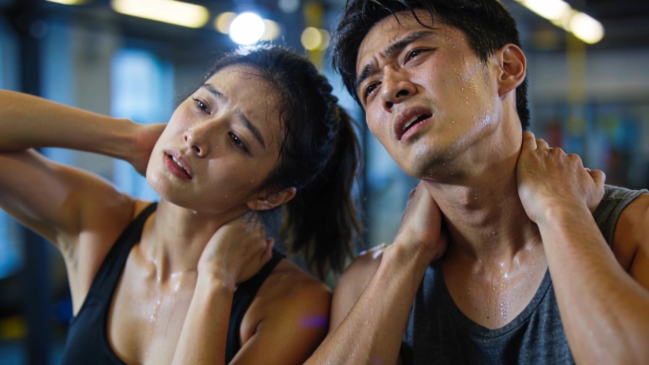 Finishing intense set, pair in tanks performing neck stretches while recovering at gym weight racks