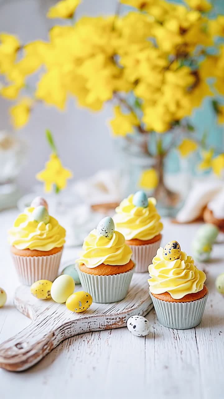 Yellow Easter Cupcakes with Spring Flowers
