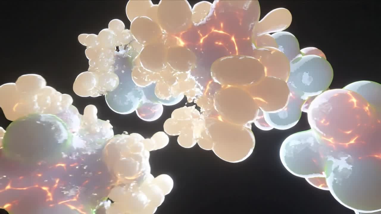 Telecamera in movimento che scivola sotto grappoli lucidi nel vuoto oscuro, rivelando vene arancioni.