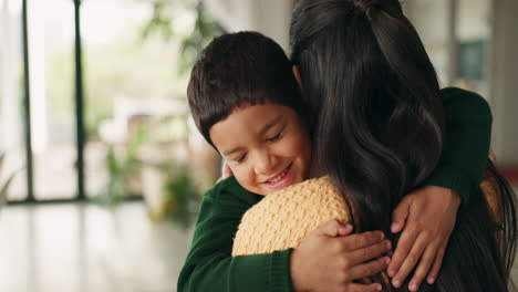 School,-greeting-and-mother-hug-child-in-home
