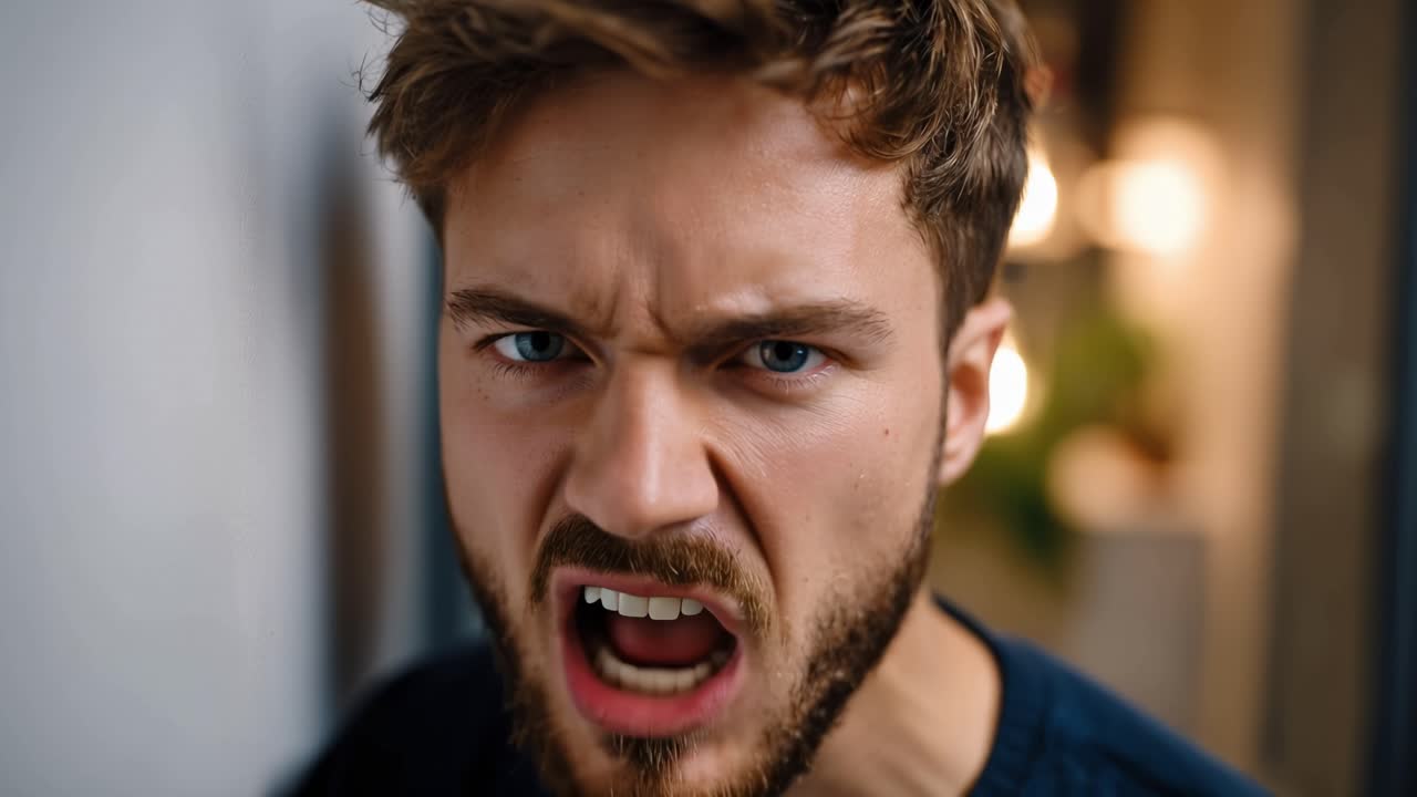 Intense Expression of Anger: A Close-Up of a Young Man with an Emotionally Charged Face, Displaying Frustration and Determination in a Dimly Lit Setting