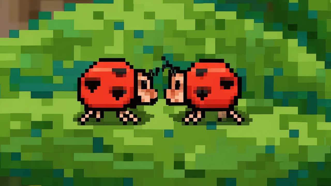 Animation starting, two pixel-art ladybugs walking toward center on leaf to meet, antennae touching
