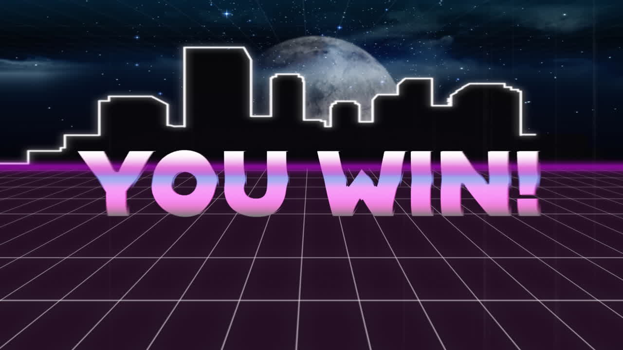 애니메이션 빈티지 비디오 게임 화면 금속 단어와 함께 당신이 승리 작성