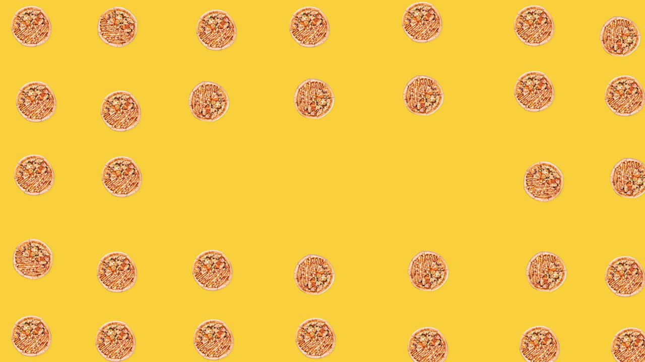seamless looping animation of pepperoni whole pizzas that wiggle on a yellow backdrop, fast food concept for advertising with copy space