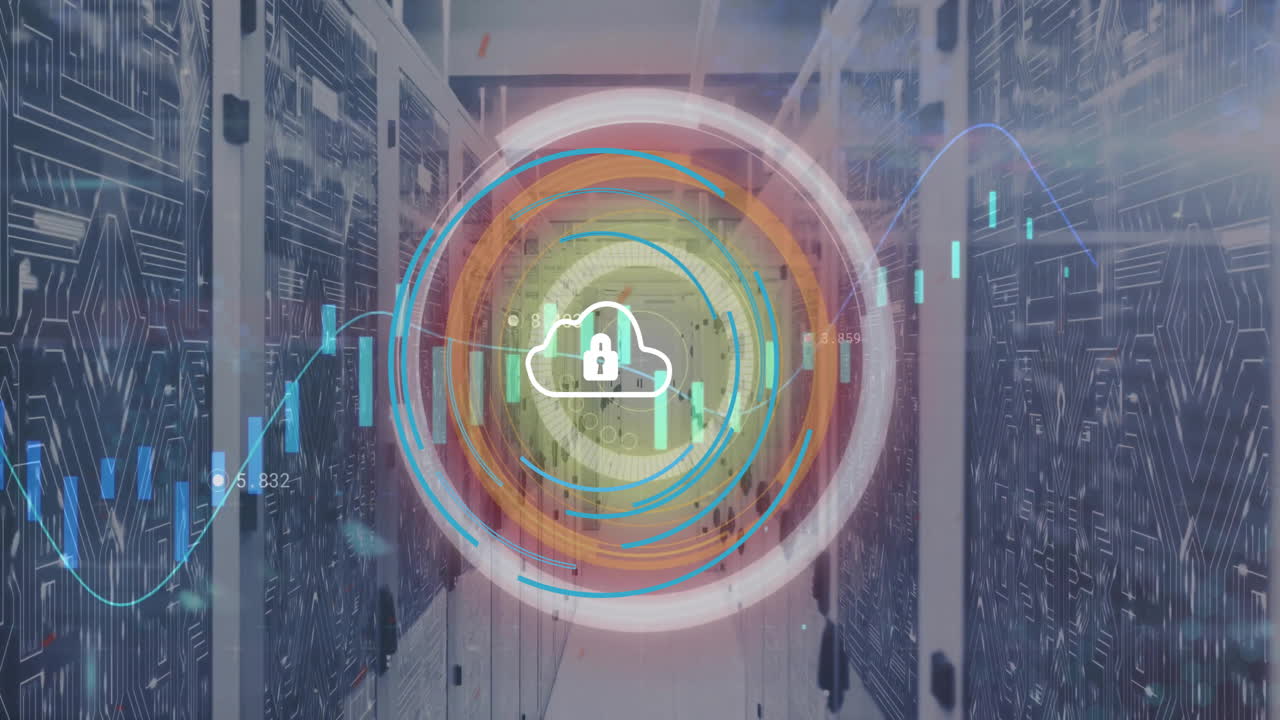 클라우드 및 락 아이콘의 애니메이션, 보안 스캐너 및 서버 을 통해 데이터 처리