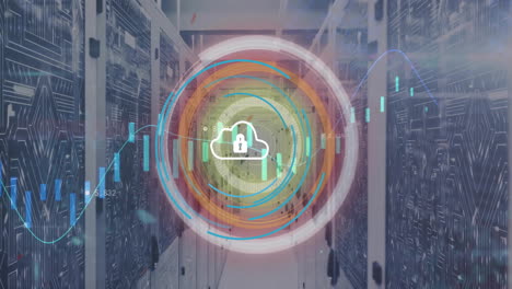 Animation-Eines-Wolken--Und-Vorhängeschlosssymbols,-Eines-Sicherheitsscanners-Und-Der-Verarbeitung-Von-Daten-über-Einem-Serverraum