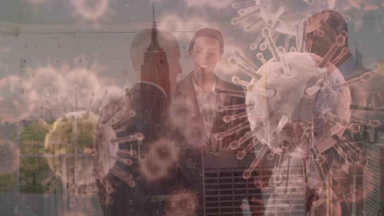 다양한 사업가들이 손을 흔들고 있는 바이러스 세포의 애니메이션