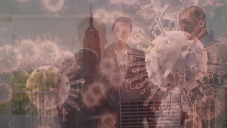 animación de células de virus sobre diversos hombres de negocios que se dan la mano