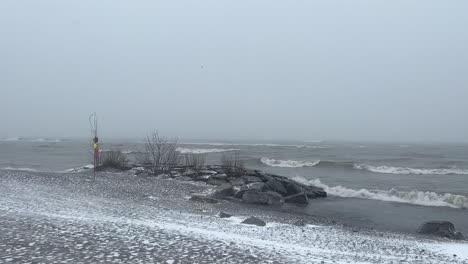 heavy snow falling from moody sky over seascape during winter