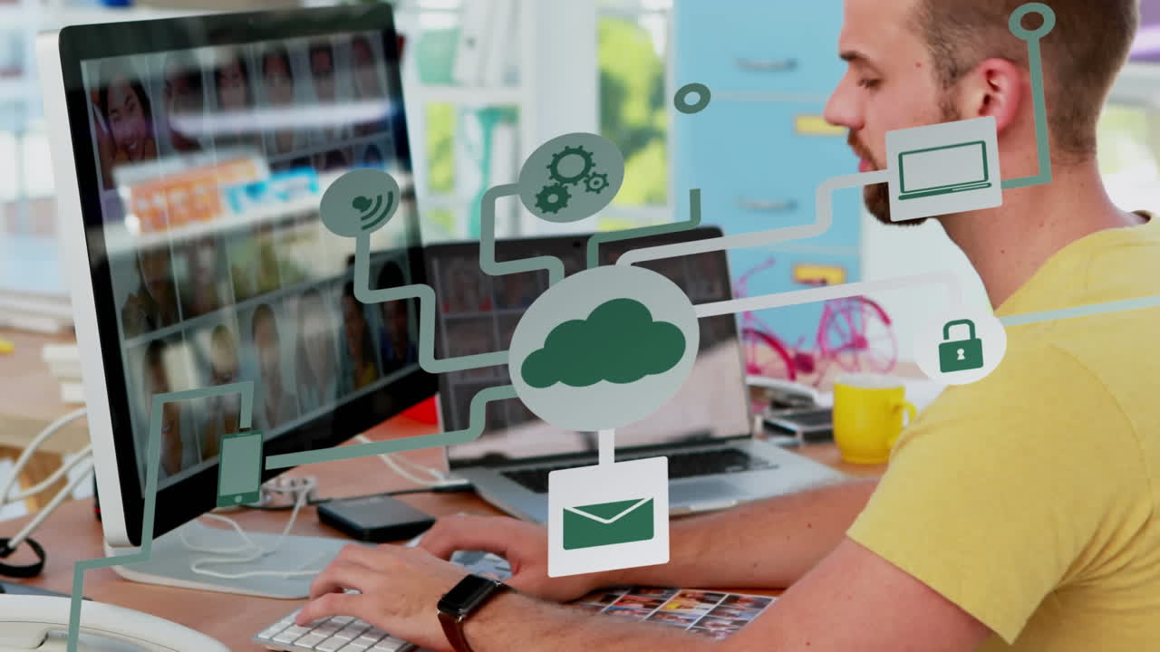 animación de la red de conexiones e iconos sobre el hombre de negocios en la oficina