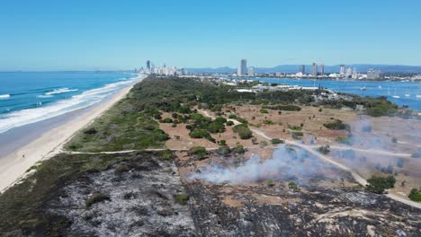 el fuego destruye una sección de la selva tropical litoral en peligro crítico y la vegetación costera cerca del horizonte de la ciudad.