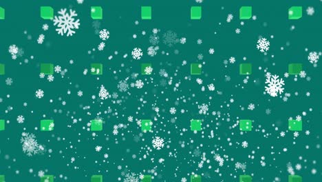 Animation-of-christmas-snow-falling-over-pattern-on-green-background