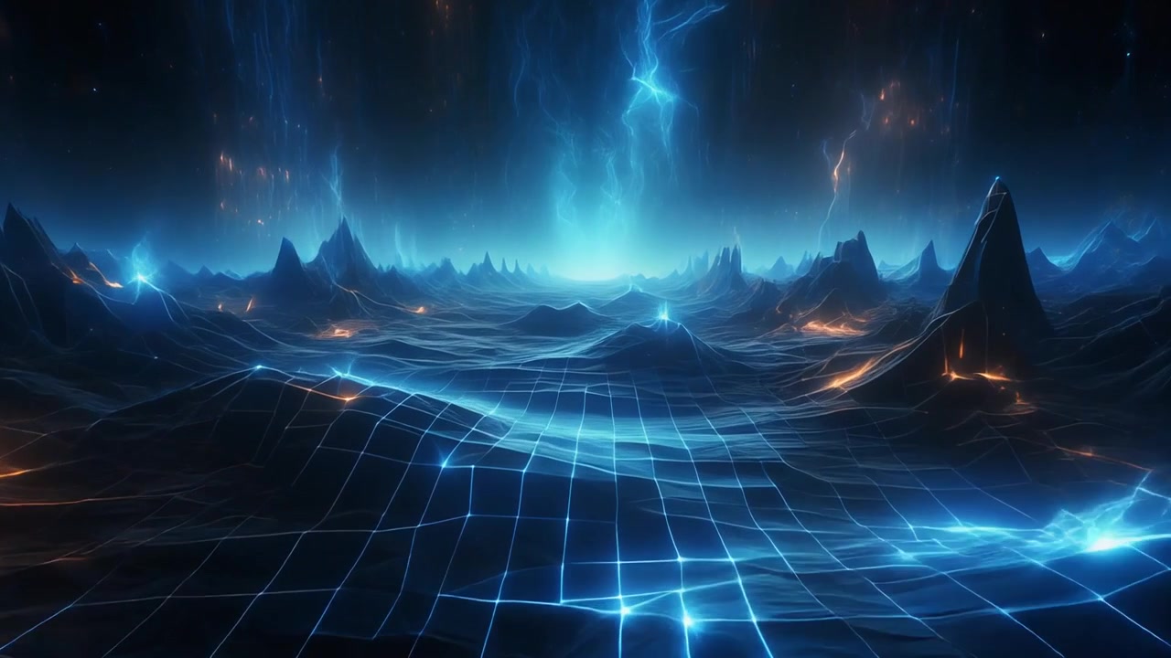 Abstract Digital Landscape with Glowing Grid and Lightning