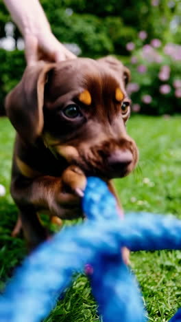 playful brown puppy tug-of-war with a blue rope toy
