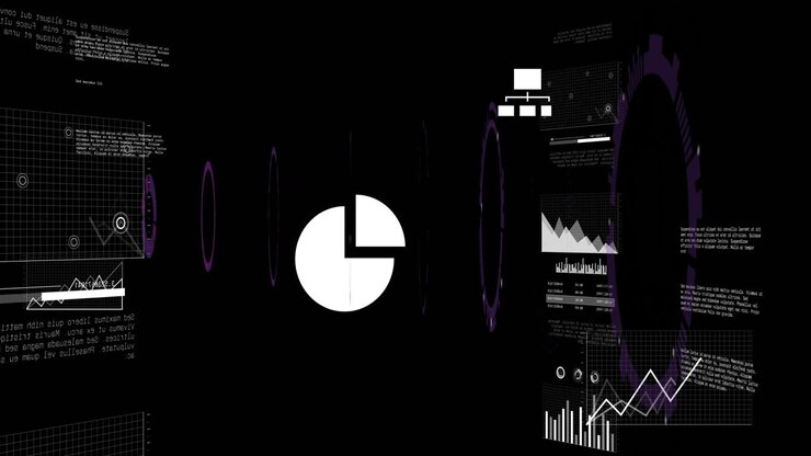 Using animation, digital interface displaying charts and graphs on black background