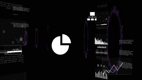 using animation, digital interface displaying charts and graphs on black background